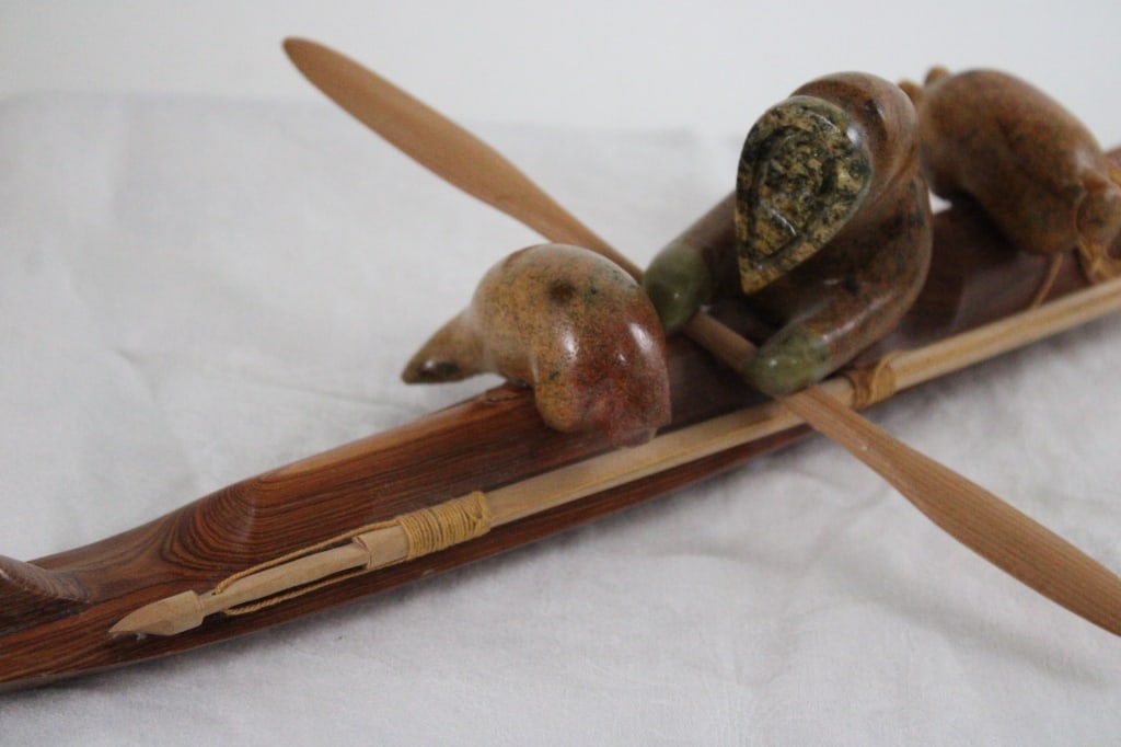Inuit Wood Kayak w/Stone Hunter Artist Signed - 3