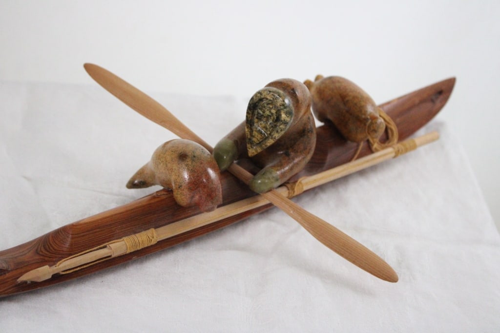 Inuit Wood Kayak w/Stone Hunter Artist Signed - 4
