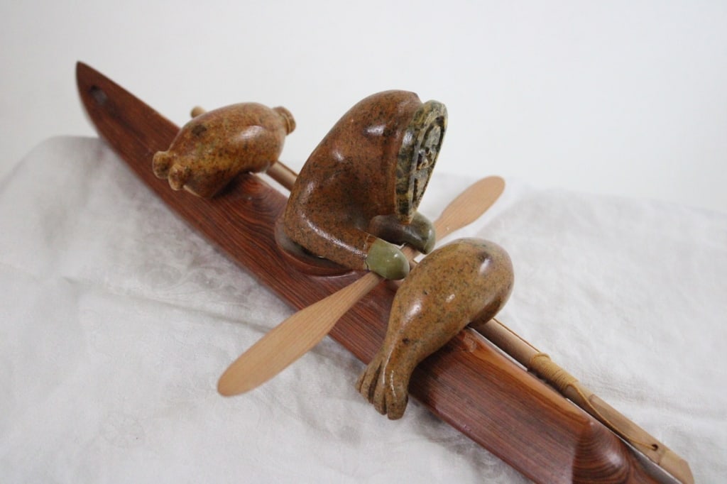Inuit Wood Kayak w/Stone Hunter Artist Signed - 7