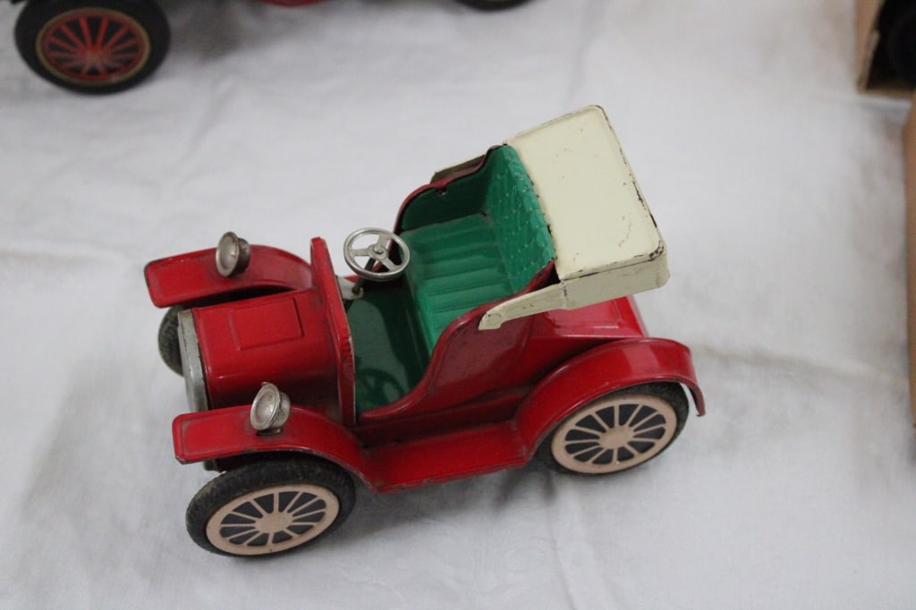 3 Tin Litho Friction Battery Toy Cars & Tractor - 2