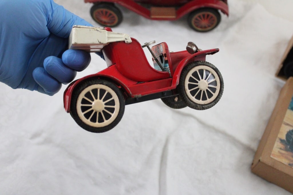 3 Tin Litho Friction Battery Toy Cars & Tractor - 5