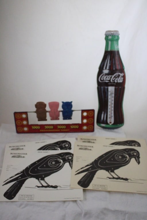 Coke Thermometer, Tin Target, Winchester Targets: Coke Thermometer, Tin Target, Winchester Targets - Tin Litho Coca Cola Thermometer, Knickerbocker Tin Target Hollywood, Ca., 4 Winchester Western Crow Targets. Lot Size 17" x 10' x 2". 2 Lbs.