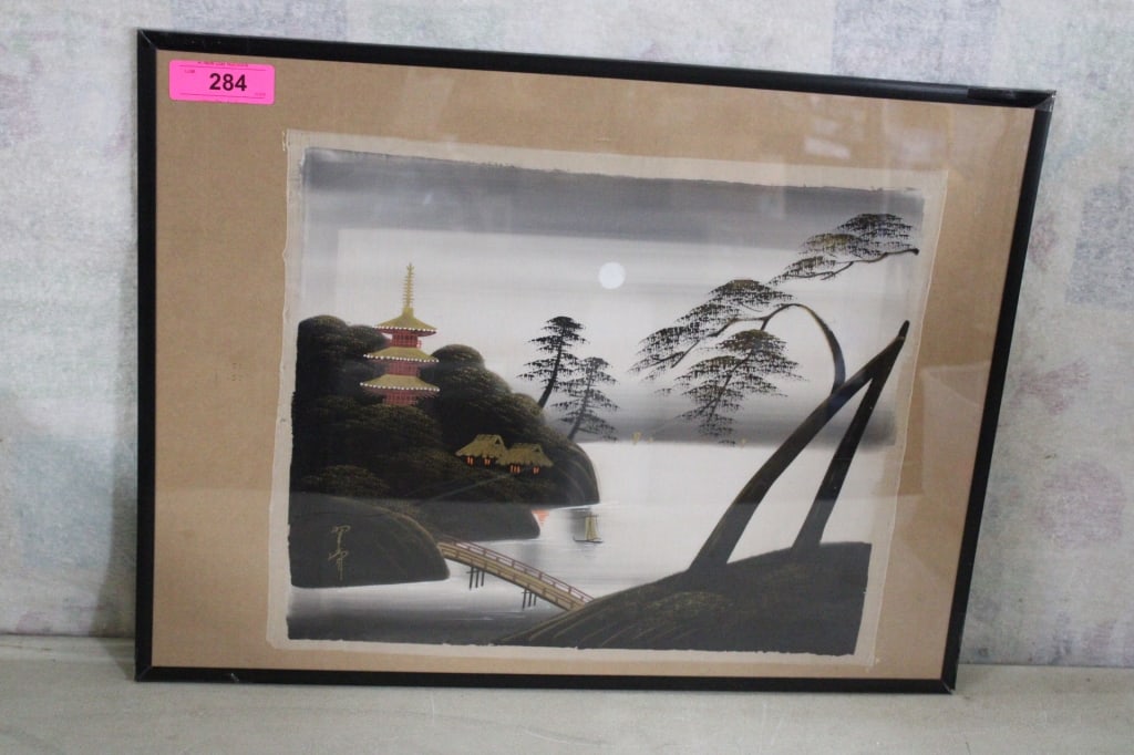 Framed Japanese Silk Painting Artist Signed: Framed Japanese Silk Painting Artist Signed - Lot Size 24" x 18" x 1". 2 Lbs. Photos are part of description (Live Auctioneers on displays a max of 20 photos -check other polatforms for all photos).
