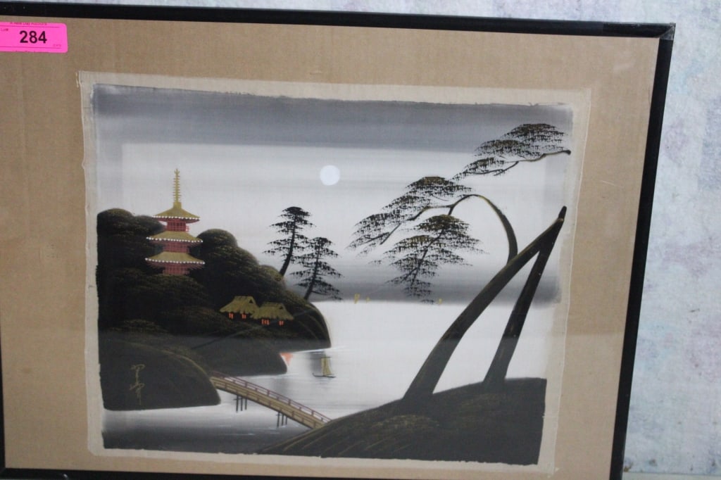 Framed Japanese Silk Painting Artist Signed - 3