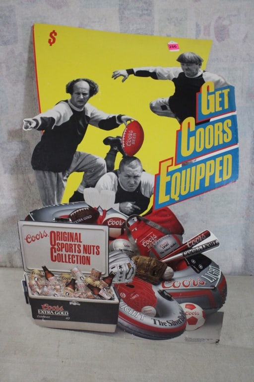 Coors Beer 3 Stooges Standup Ad Store Sign: Coors Beer 3 Stooges Standup Ad Store Sign - Lot Size 38" x 23" x 1". 3 Lbs. Photos are part of description (Live Auctioneers on displays a max of 20 photos -check other polatforms for all photos).