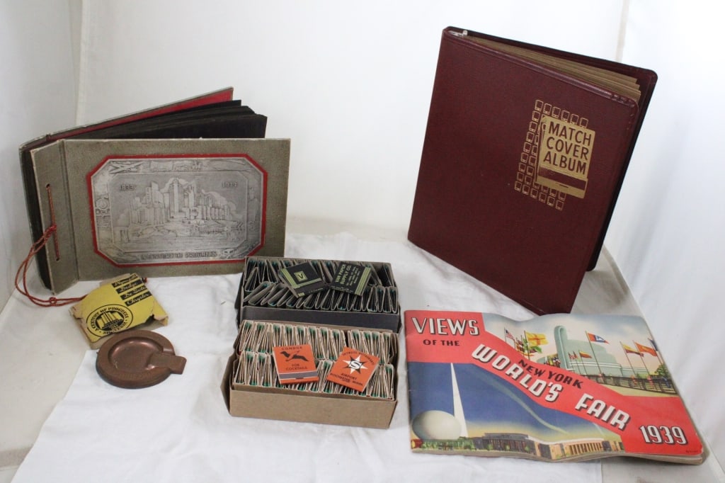 1934 & 1939 World's Fair, Matchbooks & Covers: 1934 & 1939 World's Fair, Matchbooks & Covers - 1934 Century of Progress Photo Album & Ashtray, 1939 New York World's Fair Brochure, 2 Boxes Vintage Matchbooks and Matchbook Covers Album with