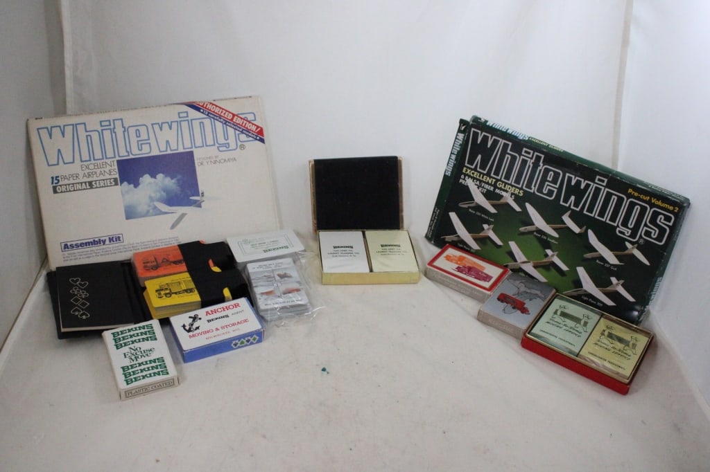 11 Decks Adv. Playing Cards, 2 Kits Airplanes: 11 Decks Adv. Playing Cards, 2 Kits Airplanes - 2 White Wings Paper Airplane Kits and 11 Decks with Moving Truck Advertising including: Allied, Bekins, Anchor, Clairmont Transfer, Twin way. 