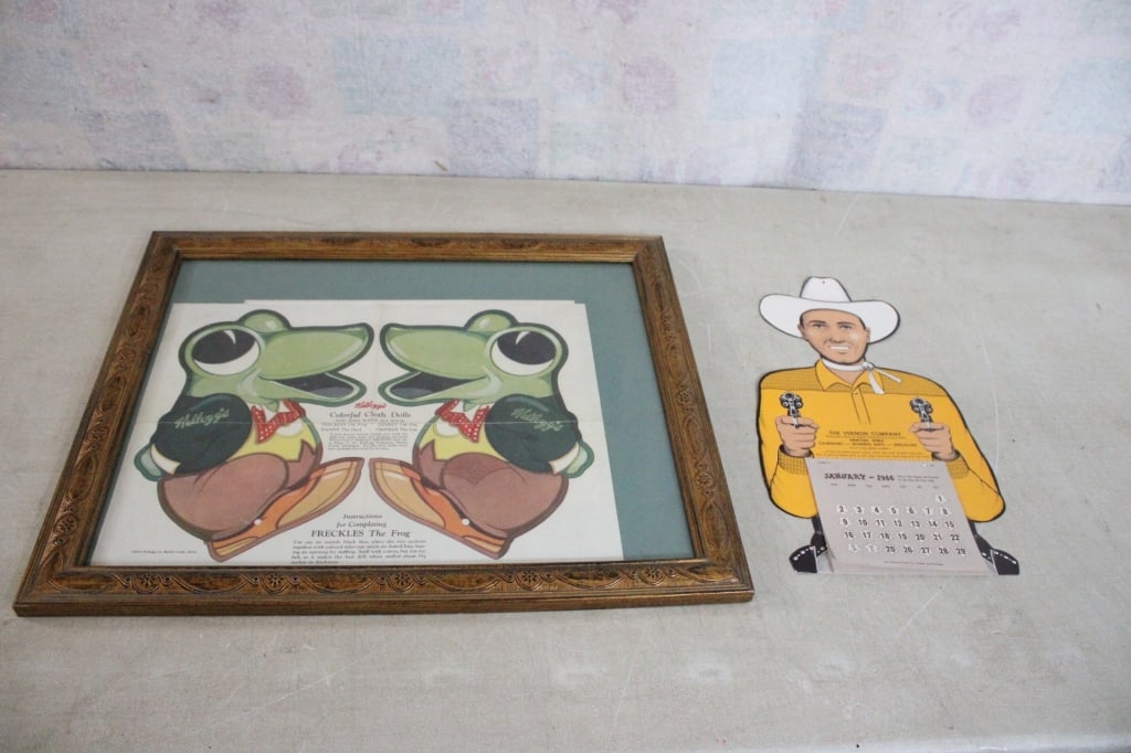 1935 Kellogg Co. Freckles Frog Framed Pillow Cloth: 1935 Kellogg Co. Freckles Frog Framed Pillow Cloth - Plus Vernon Company Newton, Iowa 1966 2 Sided Cowboys Western Themed Cardboard Calendar. Lot Size 23" x 19" x 2". 5 Lbs. Photos are part of