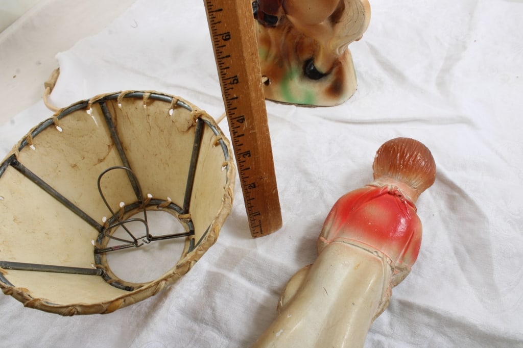 Chalk Ware Cowboy on Horse Lamp Rawhide Shade - 14