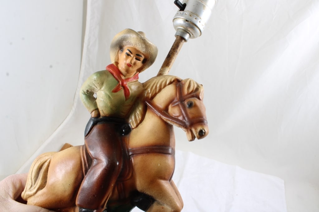 Chalk Ware Cowboy on Horse Lamp Rawhide Shade - 16