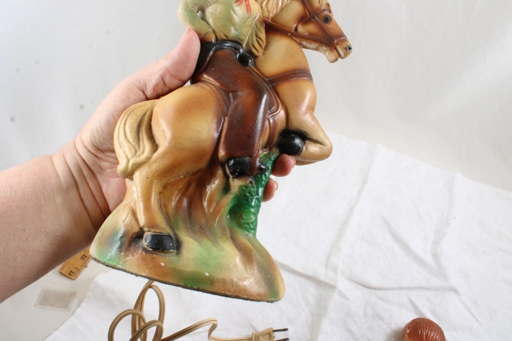 Chalk Ware Cowboy on Horse Lamp Rawhide Shade - 18