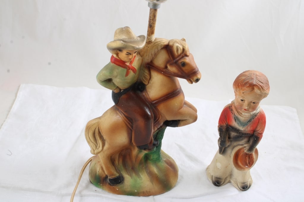 Chalk Ware Cowboy on Horse Lamp Rawhide Shade - 2