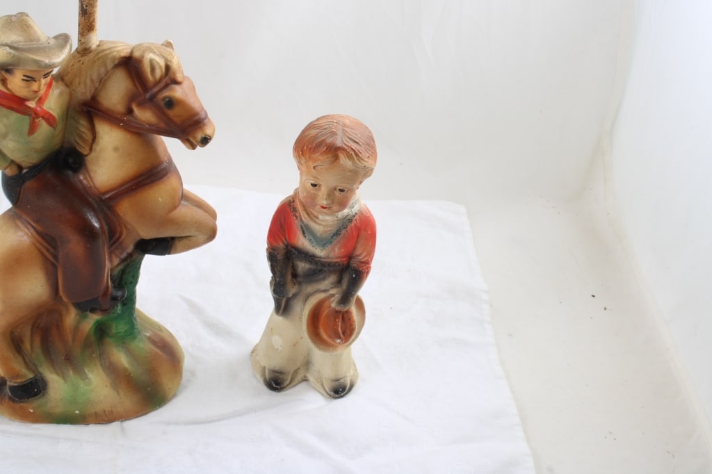 Chalk Ware Cowboy on Horse Lamp Rawhide Shade - 3