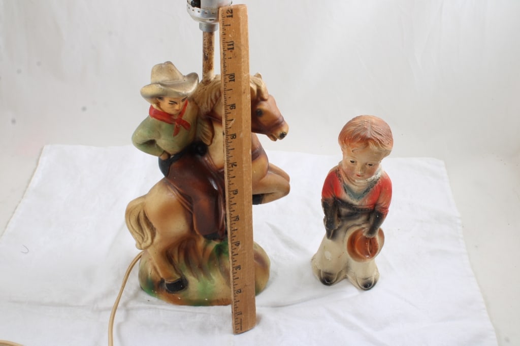 Chalk Ware Cowboy on Horse Lamp Rawhide Shade - 4