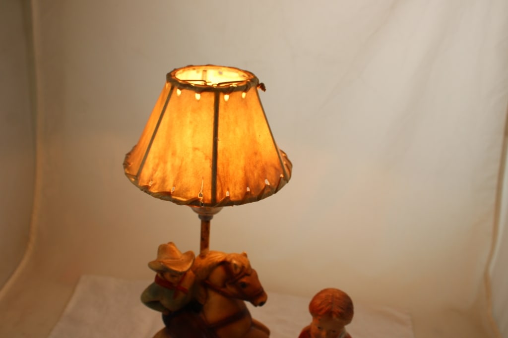 Chalk Ware Cowboy on Horse Lamp Rawhide Shade - 6