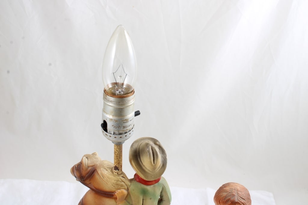 Chalk Ware Cowboy on Horse Lamp Rawhide Shade - 7