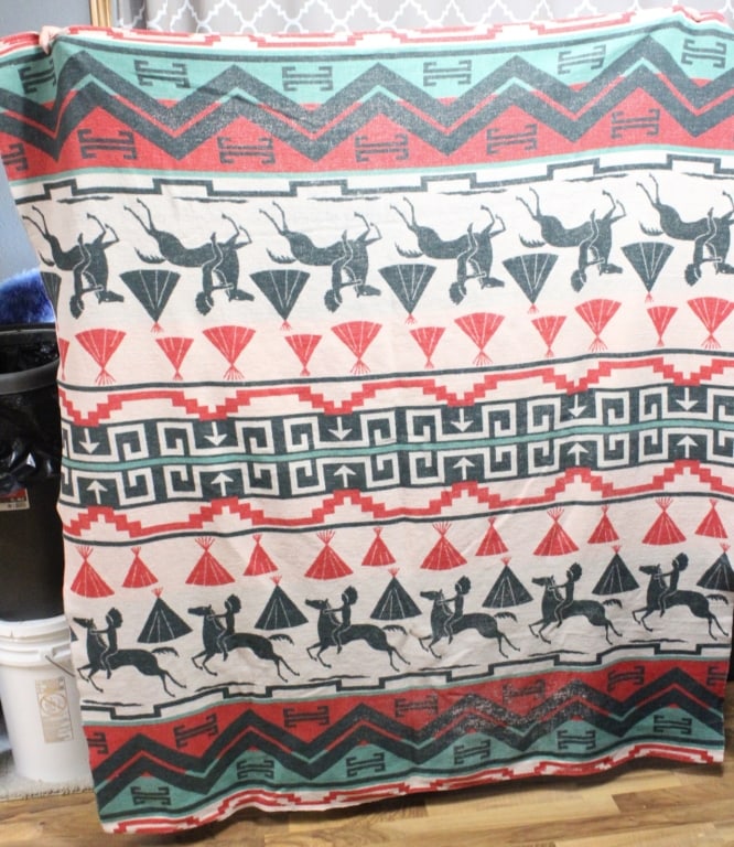 Native American Blanket Throw Tribal Pattern: Native American Blanket Throw Tribal Pattern - Teepees, Indians, Horses design. Wool Blanket Throw made of wool and measures 60" x 68". Lot Size 16" x 16" x 5". 2 Lbs. Photos are part of