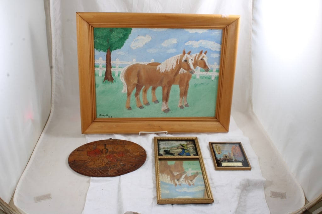 Oil Painting, WW2 Adv. Calendar, Thermometer: Oil Painting, WW2 Adv. Calendar, Thermometer - Pyrography Wall Hanging. 1950's Framed Horse Oil Painting, Black Americana WW2 Advertising Calendar (taped on) and Silhouette Mirror,