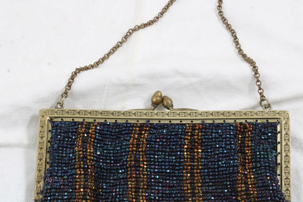 Micro Beaded Flapper Purse 7" Cobalt & Gold - 3