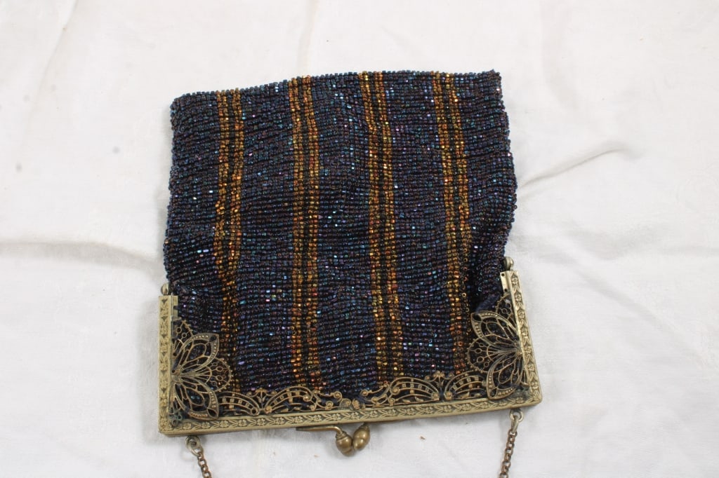 Micro Beaded Flapper Purse 7" Cobalt & Gold - 8