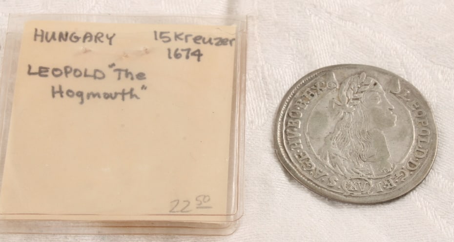 1674 Hungary 15 Kreuzers Silver Coin Leopold: 1674 Hungary 15 Kreuzers Silver Coin Leopold - the Hogmouth. Lot Size 2" x 2" x 1". 1 Lb. Photos are part of description (Live Auctioneers on displays a max of 20 photos -check other polatforms for al