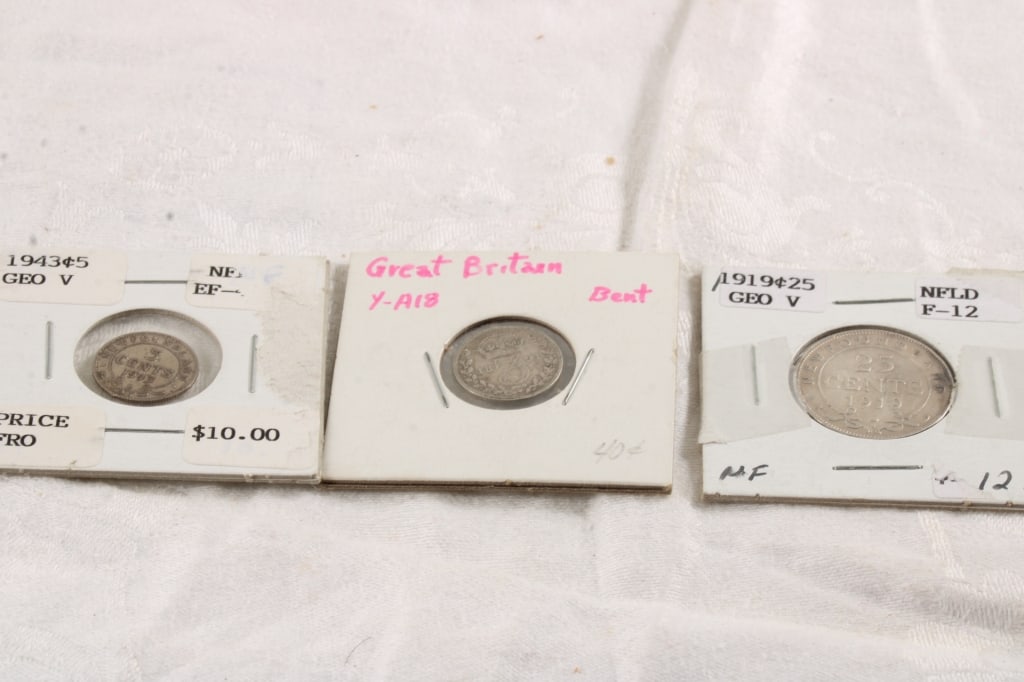 3 Antique Great Britain Silver Coins: 3 Antique Great Britain Silver Coins - 1919 Geo. V British 25 Cent .925 Silver Coin, 1891 Queen Victoria 3 Pence Silver Coin, 1943 Geo. VI British 5 Cent Silver Coin. Lot Size 3" x 3" x 1". 1