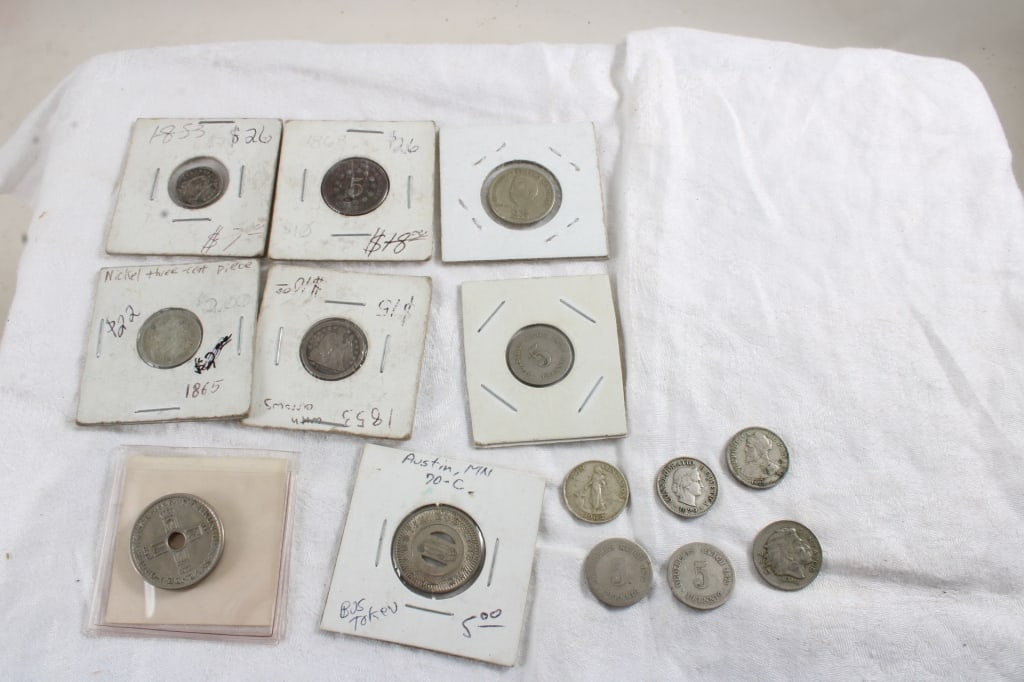 2 1853 United States Seated Liberty Silver Coins: 2 1853 United States Seated Liberty Silver Coins - 1 Seated Liberty United States One Dime Silver Coin, 1 Seated Liberty United States Half Dime Silver Coin and Some extremely Old Foreign Coins & Toke