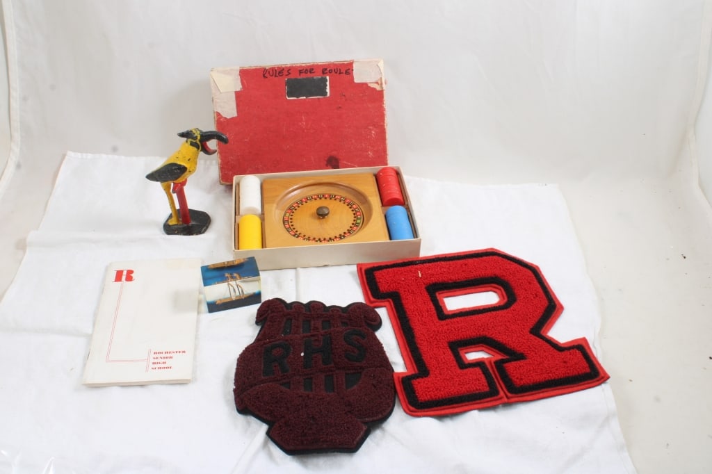 Cast Iron Parrot Bottle Opener, Roulette Game and: Cast Iron Parrot Bottle Opener, Roulette Game and - Golden Oceanic Ship Paperweight, Rochester High School Rochester, Minnesota vintage Jacket Letter and Music Class Jacket Patch and 1944-45