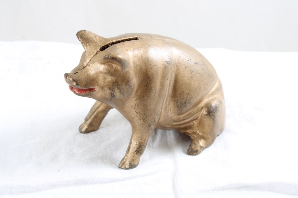 A C Williams Cast Iron Figural Pig Bank Gold (1 of 5)