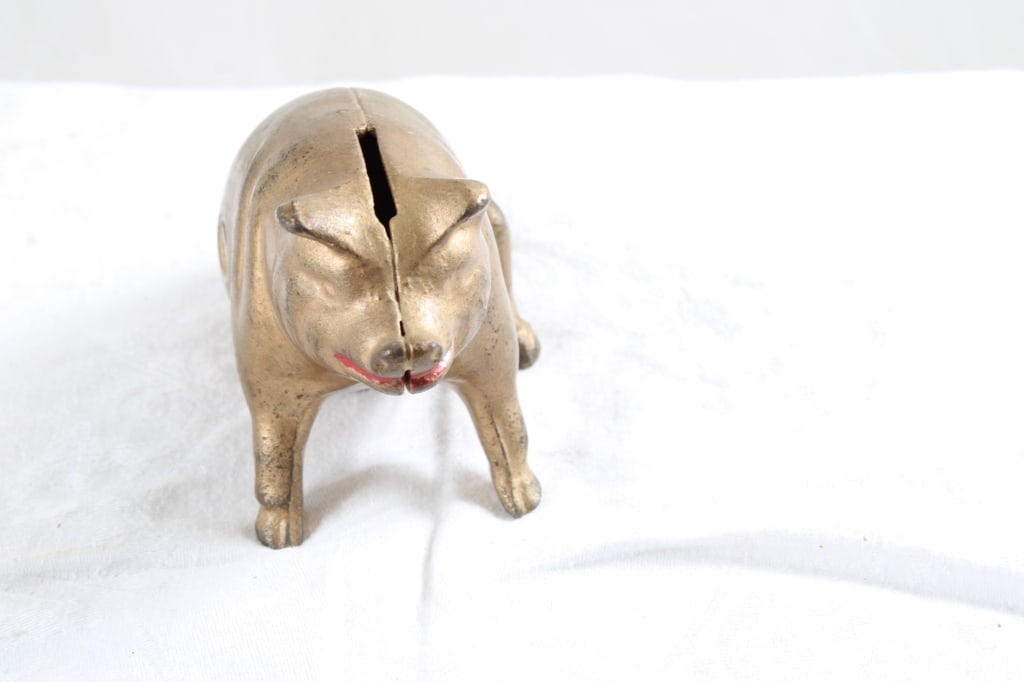 A C Williams Cast Iron Figural Pig Bank Gold - 2