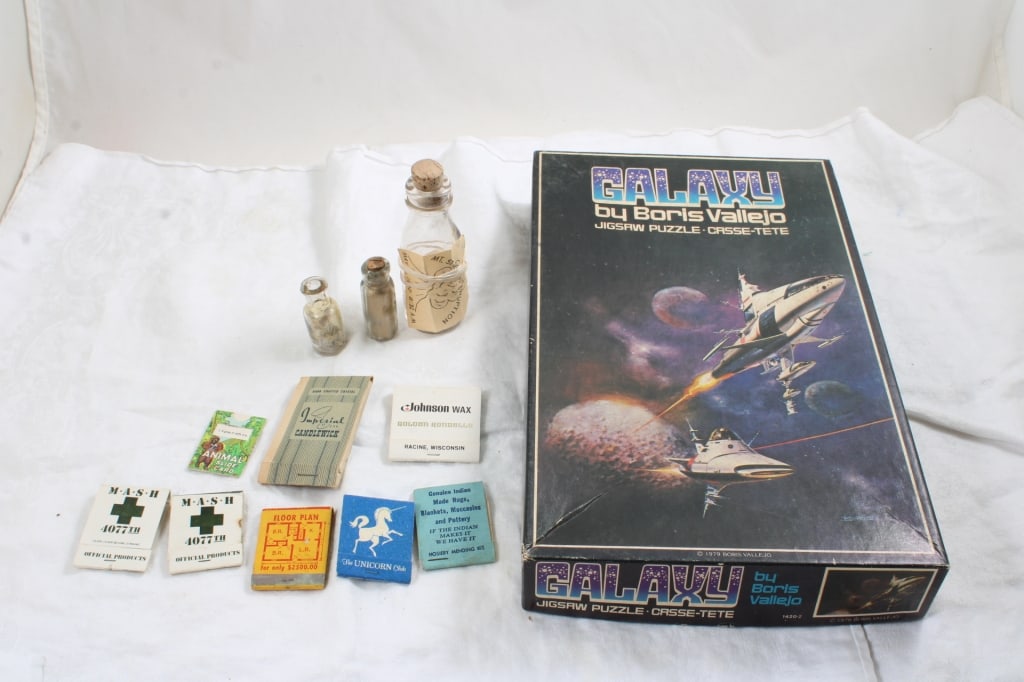 Puzzle, Mt. St Helens Ash, Bottles, Matchbooks: Puzzle, Mt. St Helens Ash, Bottles, Matchbooks - Galaxy Jigsaw Puzzle, Thomas Edison Battery Oil Bottle with 1980 Mount St. Helen's Volcanic Ash Sample & other bottles, Old Matchbooks including