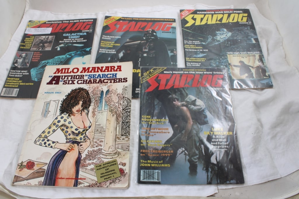 4 Starlog Magazines, Milo Manara Magazine: 4 Starlog Magazines, Milo Manara Magazine - Starlog Magazines #34, 35, 37 40 and An Author in Search of Six Characters Milo Manara 1989 Magazine. Lot Size 12" x 9" x 3". 2 Lbs. Photos are part of desc