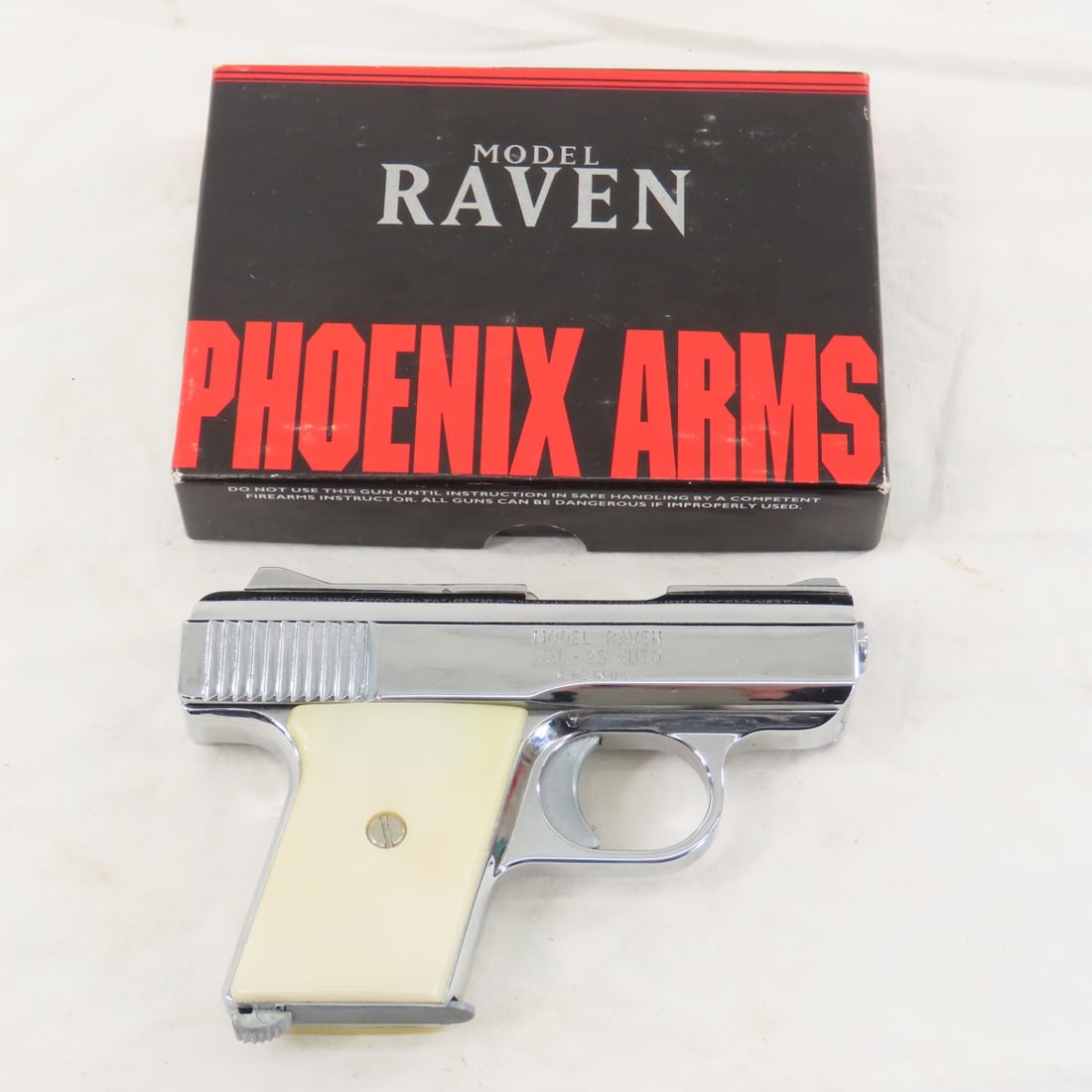 Phoenix Arms Raven-25 Chrome Pistol .25 Auto: Phoenix Arms Raven-25 Chrome Pistol .25 Auto - SN# 3209863. 2.5" barrel, 1 6 round magazine, Original Box. FFL transfer required. Please know local laws before bidding. Lot Size 6x4x2" 1 LB All