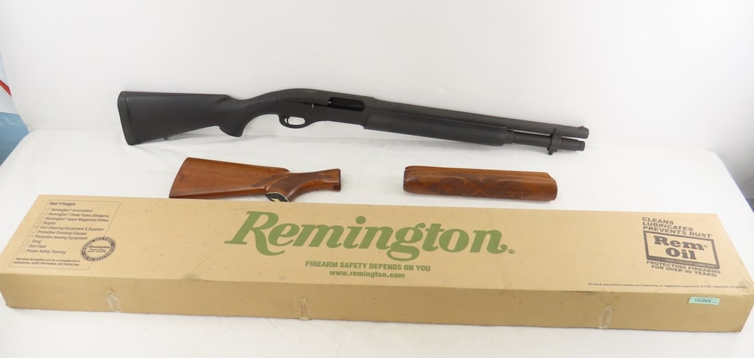 Remington 11-87 Parkerized Police 12 GA Shotgun: Remington 11-87 Parkerized Police 12 GA Shotgun - SN# PC 838482, 2 3/4 or 3" shells, 18.5" barrel, Consignor changed to a checkered synthetic pistol grip stock with recoil pad & forearm, has