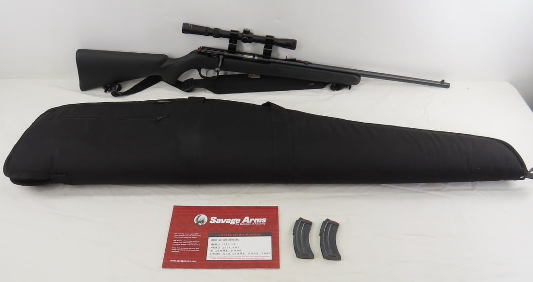 Savage Mark II .22 LR Only Bolt Action Rifle: Savage Mark II .22 LR Only Bolt Action Rifle - SN# 0528878, 20" barrel with front blade sight, rear adjustable sight, synthetic checkered pistol grip stock, padded sling, 1 5 round magazine and 2 10 r