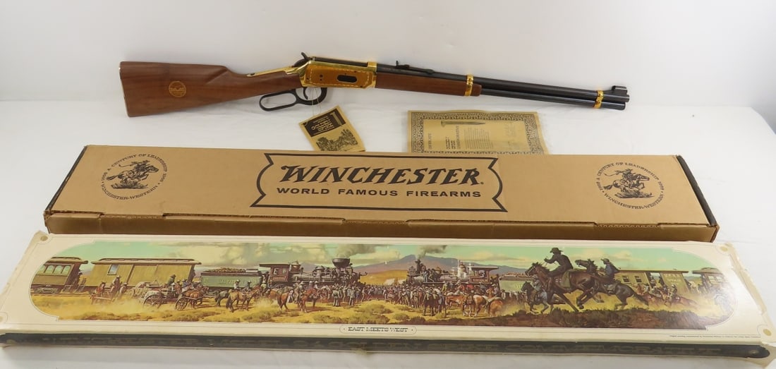 Winchester Golden Spike Commemorative .30-30 Rifle: Winchester Golden Spike Commemorative .30-30 Rifle - SN# GS36806, model 94 carbine, lever action, proof steel, 20" barrel,6 round capacity. Gold bands, butt plate, and receiver- tang marked
