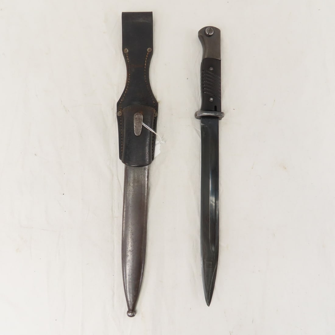 WWII Era German K98 Bayonet, Scabbard & Frog: WWII Era German K98 Bayonet, Scabbard & Frog - OAL: 15", Blade: 9 5/8", Ricasso: 41asW & 1271, Pommel: Double Waffenamt Eagle Stamps, Scabbard Throat: 1271, Finial: Waffenamt Eagle Stamp, Frog: E.O. G