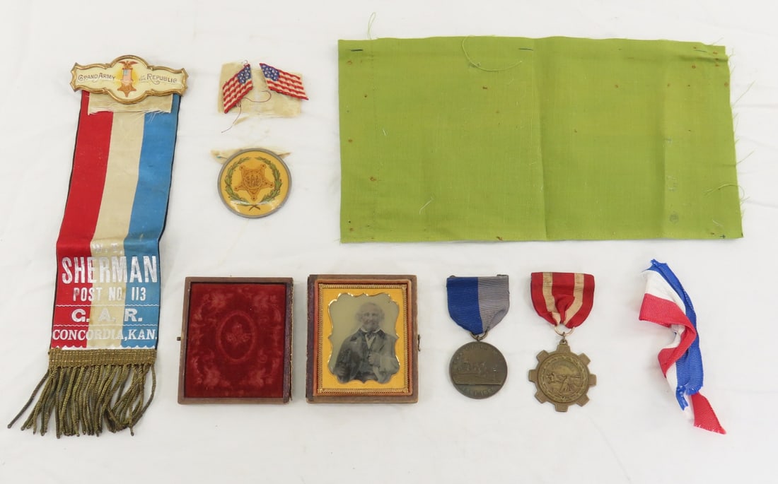 1850's Ambrotype, GAR Ribbon, Civil War Medal: 1850's Ambrotype, GAR Ribbon, Civil War Medal - Civil ware service medal, MN service medal, GAR WT Sherman Post No 113, Concordia, KAN ribbon has some damage. Lot size: 9x5x2, 1 lb All information