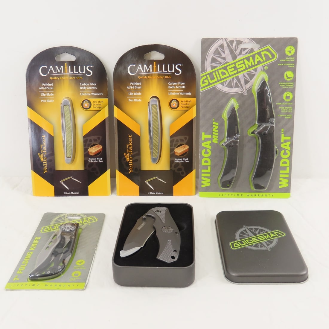 Camillus & Guidesman Pocket Knives: Camillus & Guidesman Pocket Knives - 4 are new, plus 1 opened tin. Lot Size 10x8x4"6 LB All information and photos are intended to be as accurate as possible, but errors are possible. No item may be