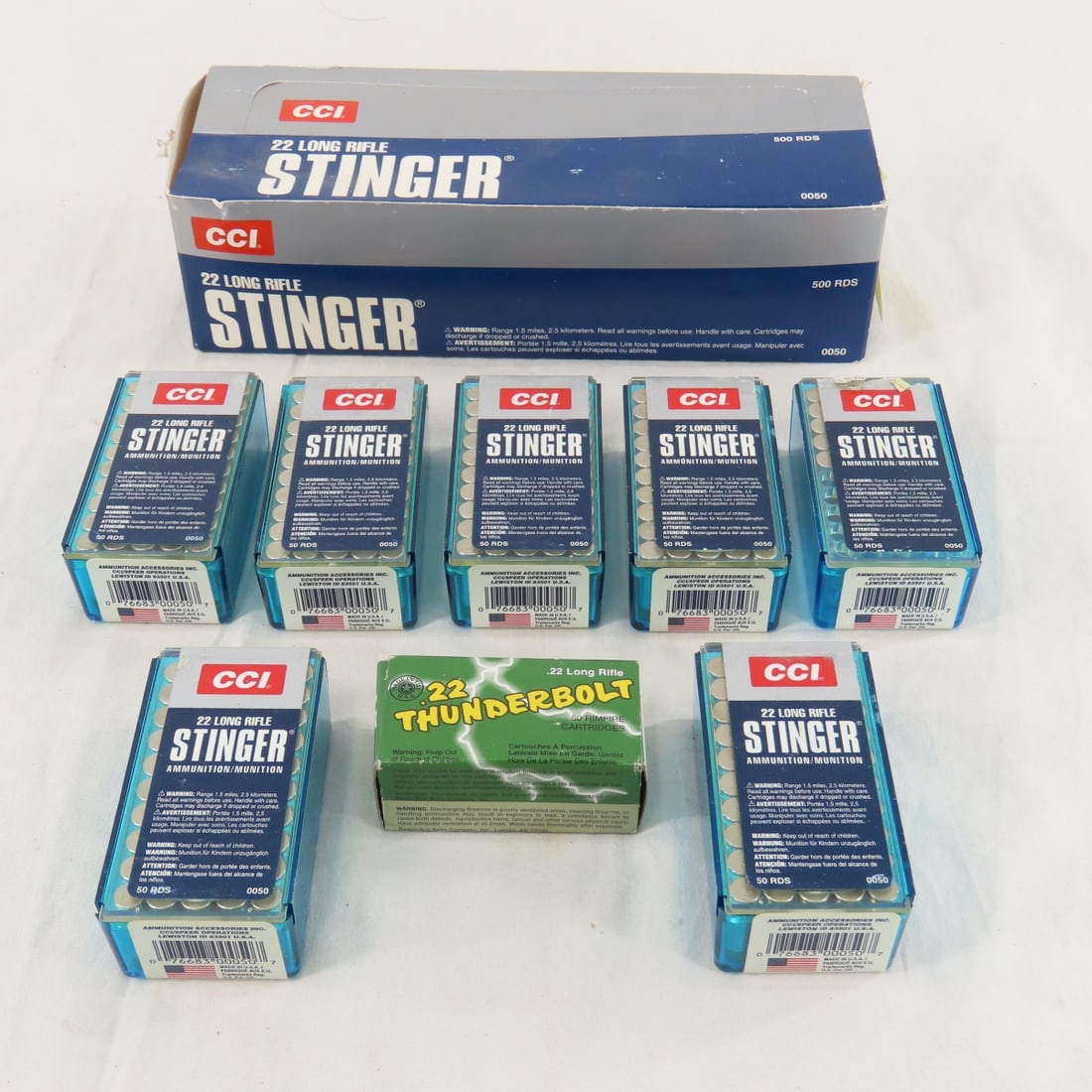 400 Rounds Mixed 22 LR Ammunition. 350 CCI Stinger: 400 Rounds Mixed 22 LR Ammunition. 350 CCI Stinger - and 50 rounds Remington Thunderbolt .22. Lot Size 9x4x3" 4 LB All information and photos are intended to be as accurate as possible, but errors