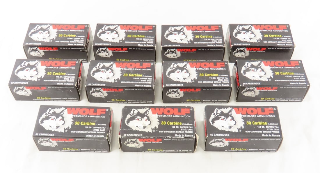 550 Rounds Wolf 30 Carbine Steel Case Ammunition: 550 Rounds Wolf 30 Carbine Steel Case Ammunition - Wolf Performance Ammunition 30 Carbine 110 gr Copper FMJ Steel Case non corrosive Berdan primed, made in Russia. 11 boxes of 50 Rounds Each. Lot