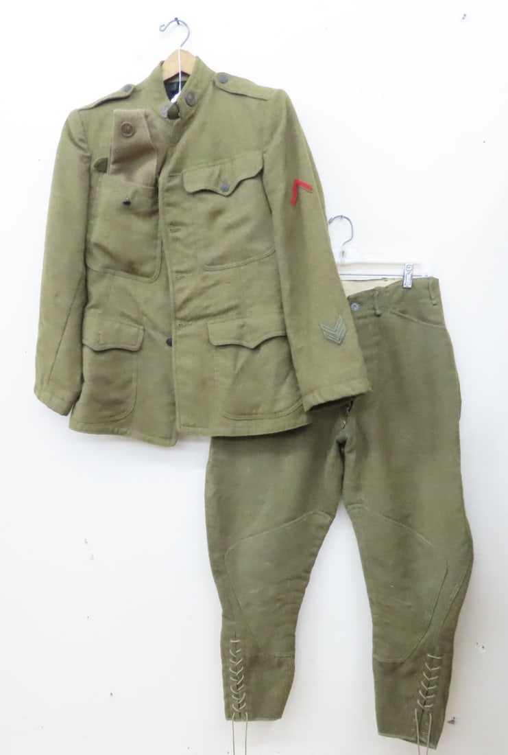 WWI US Army M1917 Uniform Tunic, Breeches, Cap: WWI US Army M1917 Uniform Tunic, Breeches, Cap - Pit to Pit: 18", Collar to Hem 29", Breeches Waist Approximately 28", Inseam 26". Lot Size: 4 lbs All information and photos are intended to be as