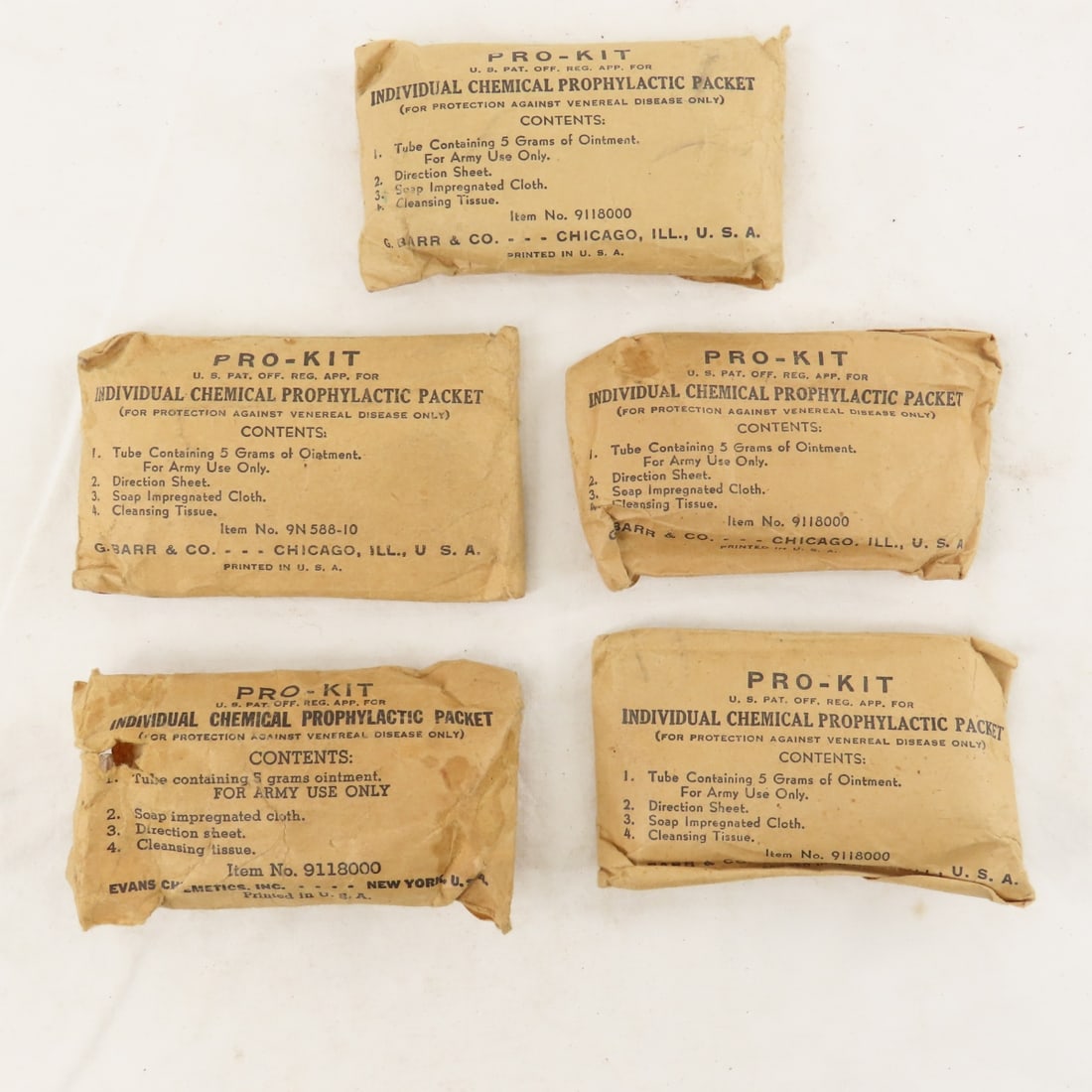 5 WWII G.I. Pro-Kit Chemical Prophylactics: 5 WWII G.I. Pro-Kit Chemical Prophylactics - Lot Size: 6 x 4 x 2", .5 lb All information and photos are intended to be as accurate as possible, but errors are possible. No item may be returned or
