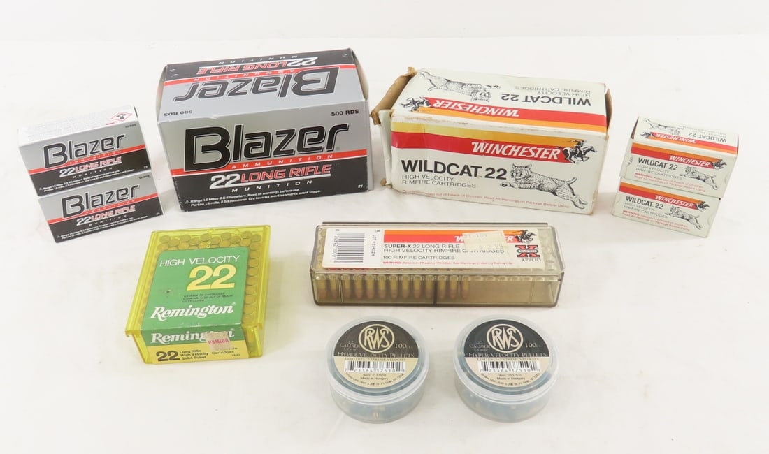 950 Rounds 22 LR Ammunition: 950 Rounds 22 LR Ammunition - 500 Rounds Blazer, 300 Rounds Winchester Wildcat, 100 Rounds Remington High Velocity, 60 Super X. Lot Size: 10 x 6 x 4", 8 lbs All information and photos are intended