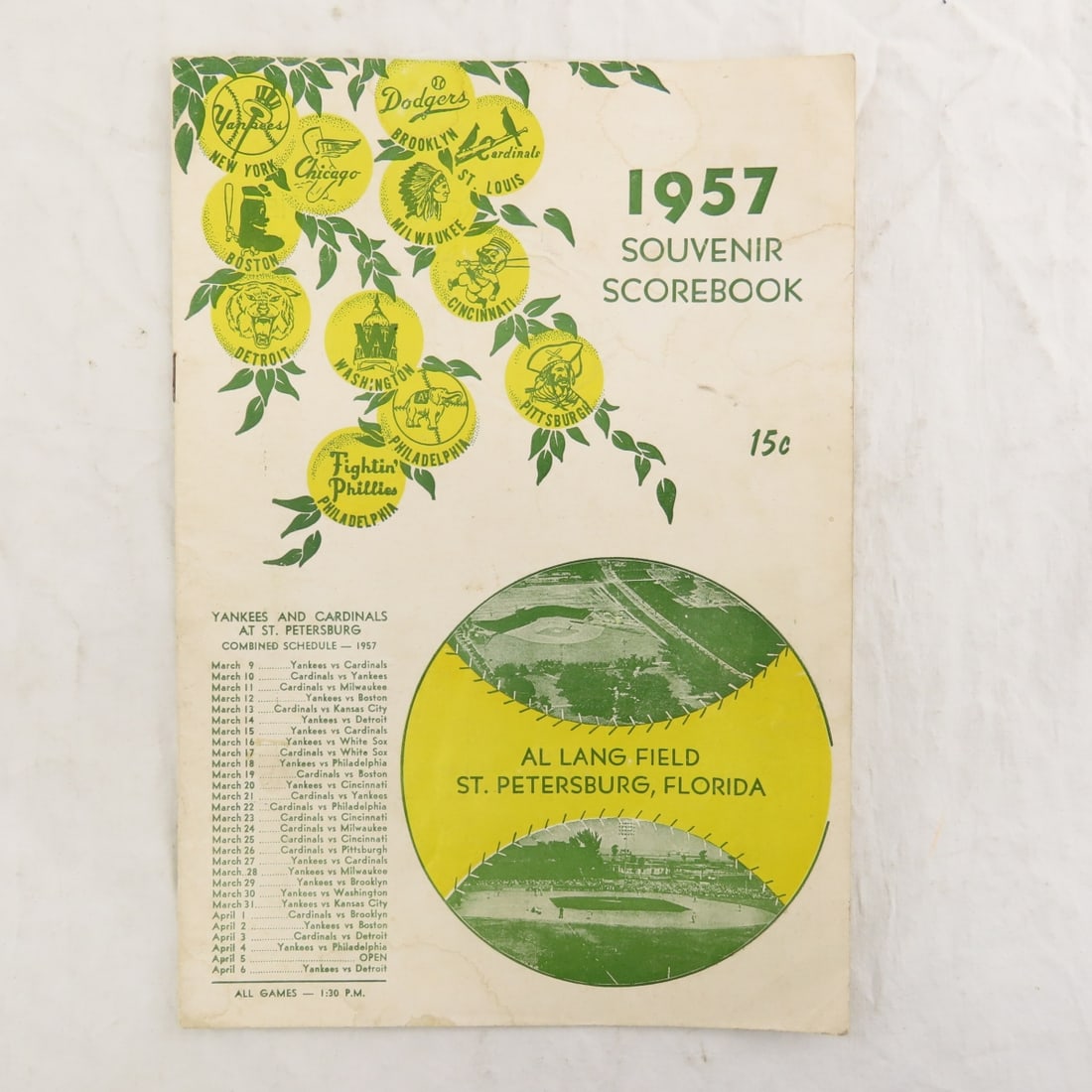 1957 Scorebook with Jackie Jensen autograph: 1957 Scorebook with Jackie Jensen autograph - signed on score page (unscored) NY Yankees vs Red Sox, some stains on cover. LOT SIZE: 11x9x1", 3 ozPhotos are part of description, please ask