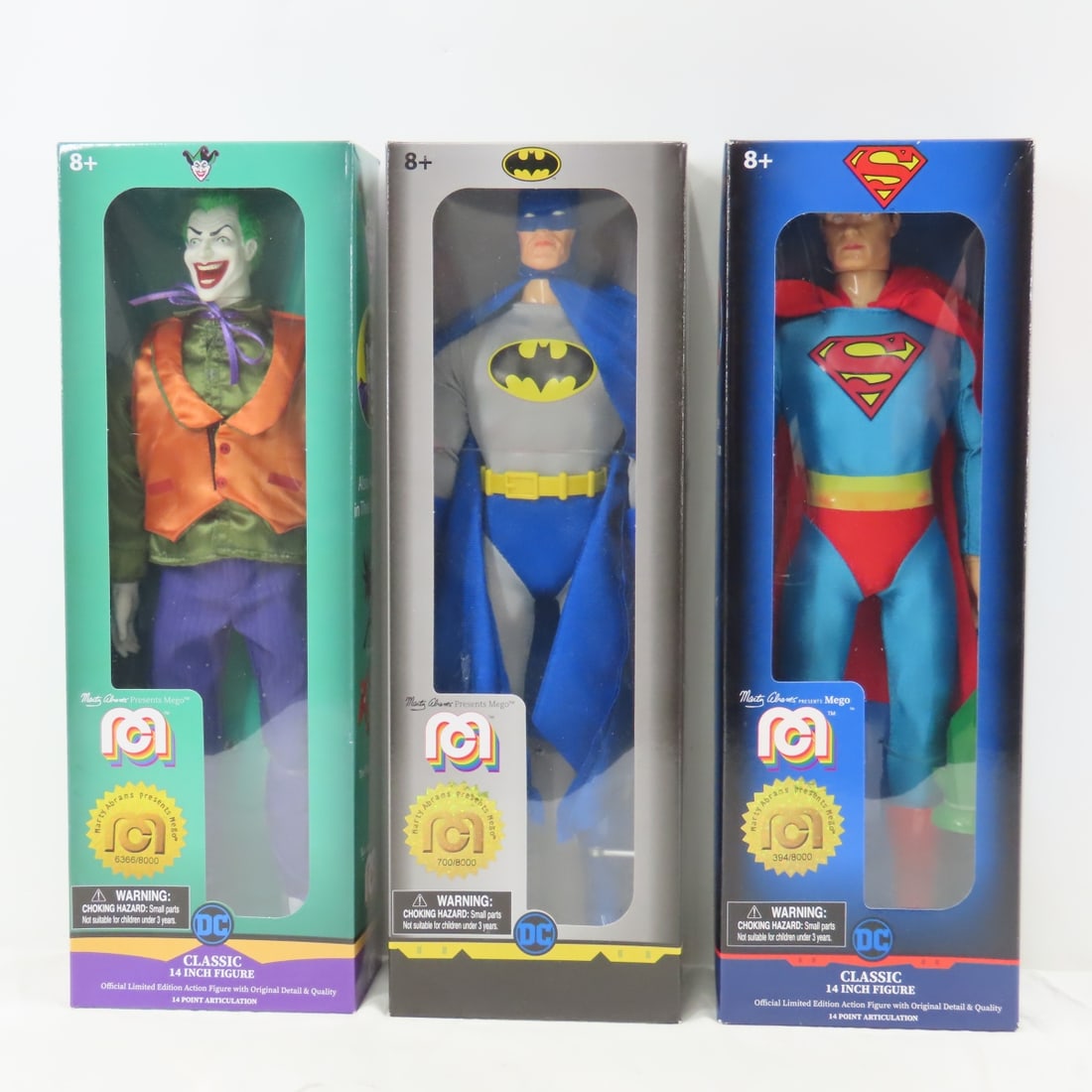 MEGO Classic 14" Batman, Superman & Joker NIB: MEGO Classic 14" Batman, Superman & Joker NIB - Lot Size 16x10x6" 5lbPhotos are part of description, please ask questions and read terms & conditions before bidding.