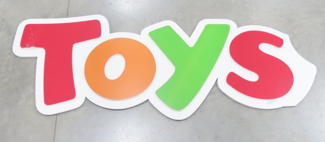 Retired Toys-R-Us Melamine "TOYS" Sign: Retired Toys-R-Us Melamine "TOYS" Sign - Sign is 60" long, Colored Letters are 15-21" tall. Part of the Red Vinyl on letter 'T' has been lifted/pressed back on. Lot Size: 60 x 30 x 2", 20