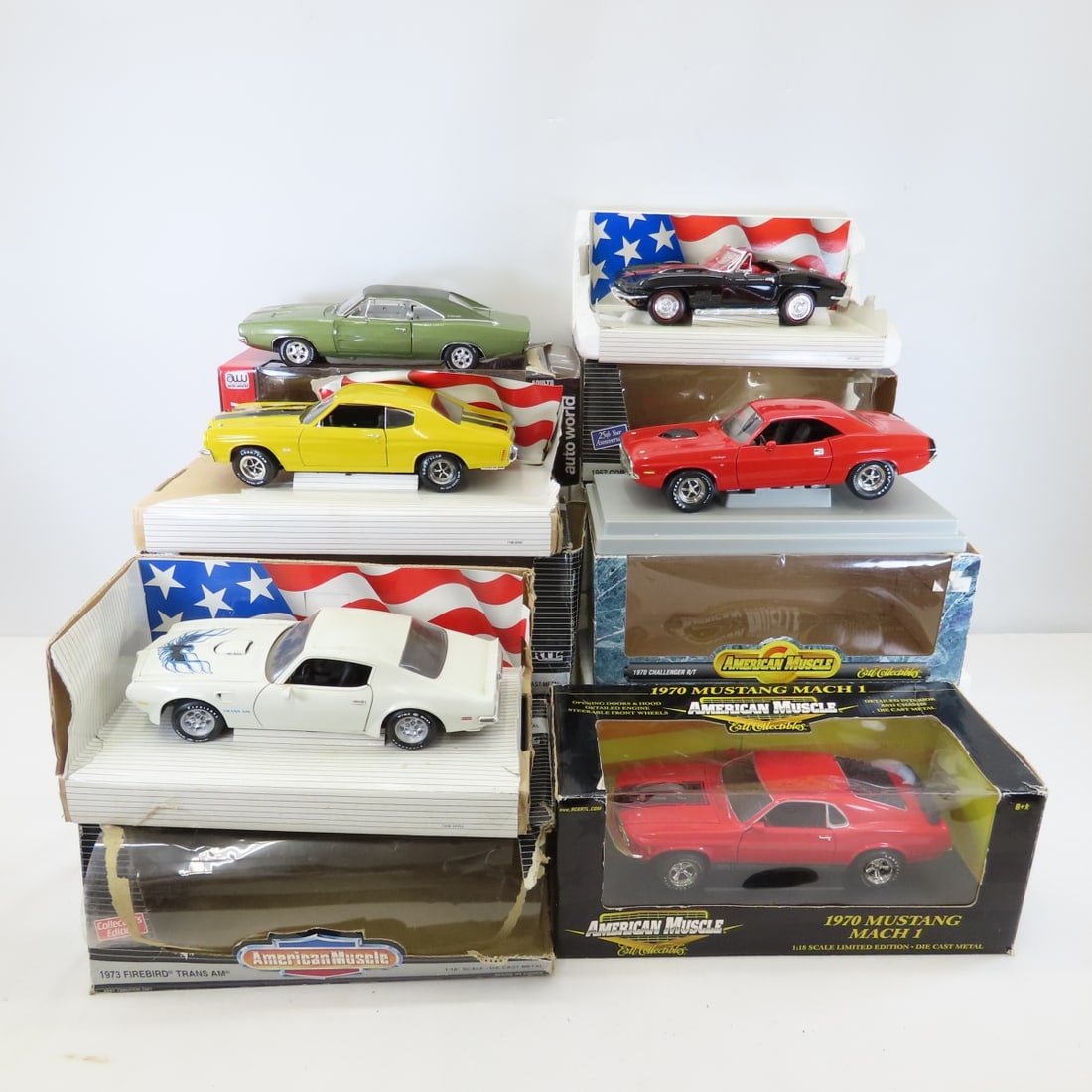 6 Ertl American Muscle 1:18 Scale Diecast Cars: 1970 Challenger, 1970 Mustang Mach I, 1970 Chevelle, 1973 Firebird, 1968 Charger, 1967 Corvette. Lot Size: 19 x 18 x 14", 18 lbs. All information and photos are intended to be as accurate as
