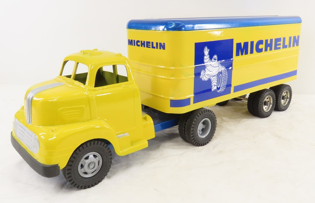 Restored MARX Truck & Custom Michelin Trailer: Restored MARX Truck & Custom Michelin Trailer - truck is plastic ca on steel frame, trailer is possible Cottonwood Acres. LOT SIZE: 26x9x6", 10 LBS All information and photos are intended to be as