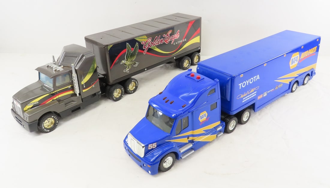 First Gear NAPA & Nylint Golden Eagle Semis: First Gear NAPA & Nylint Golden Eagle Semis - 2002 First Gear with sound- engine & horn- works, plastic cab and steel trailer Toyota NAPA Racing Michael Waltrip, Nylint plastic Kenworth Tractor and